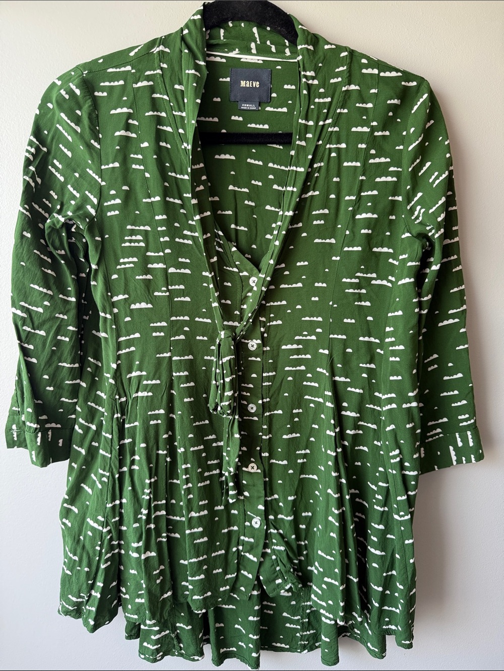 Maeve Olive Green Button-Front Printed Tunic with Tie Neck